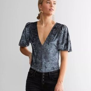 Free People Don't You Wish Crushed Velvet Puff Sleeve Bodysuit Blue Gray Small